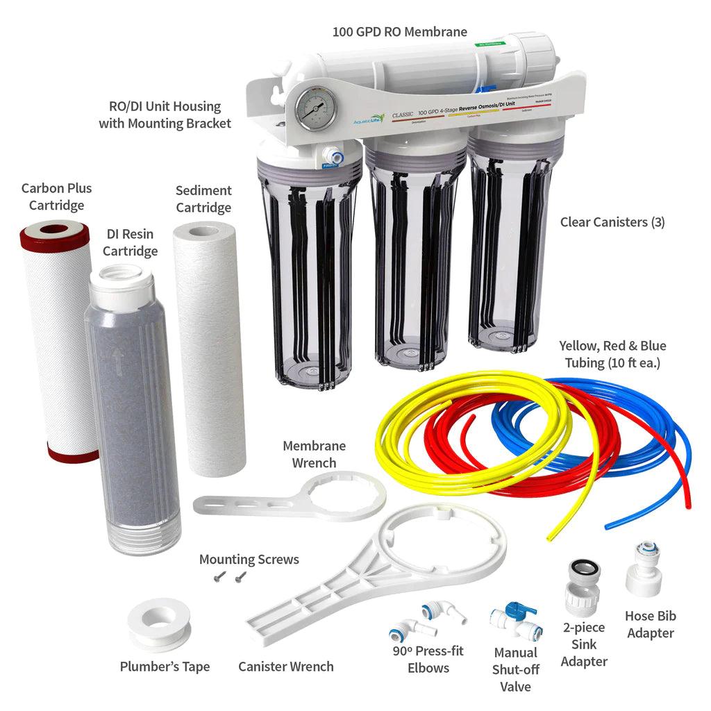 Classic 100 GPD 4-Stage Reverse Osmosis/Deionization System with Chloramine Removal Cartridge - Ruby Mountain Aquarium supply