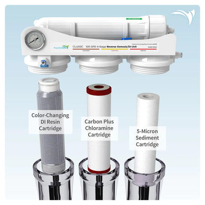 Classic 100 GPD 4-Stage Reverse Osmosis/Deionization System with Chloramine Removal Cartridge - Ruby Mountain Aquarium supply
