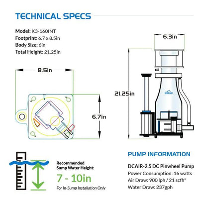 IceCap K3-160 INT In-Sump Protein Skimmer - Ruby Mountain Aquarium supply