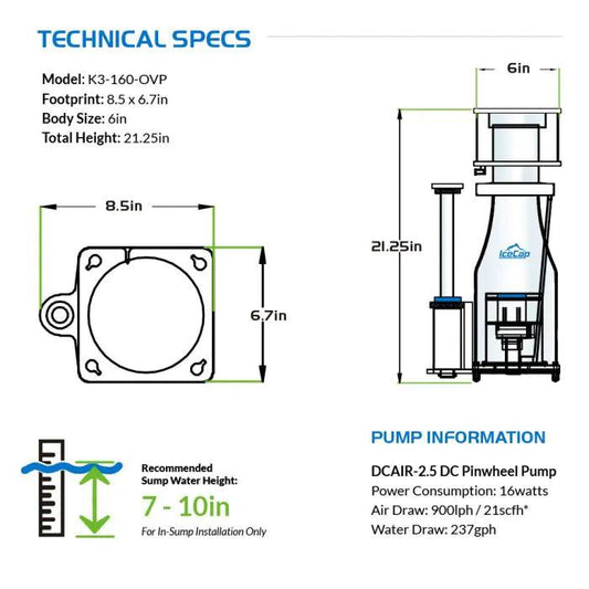 IceCap K3-160 OVP In-Sump Protein Skimmer - Ruby Mountain Aquarium supply